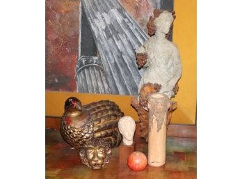 Decorative Items Includes Carved Fowl, Plaster Stone Finish Wall Decor & Mini Male Bust On Wood Block