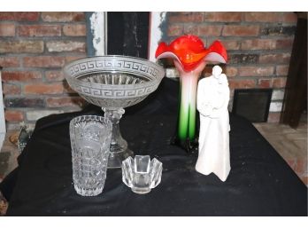 Bride & Groom Figurine By Austin Production With Tall Glass Floral Vase And Small Orrefors Crystal Dish