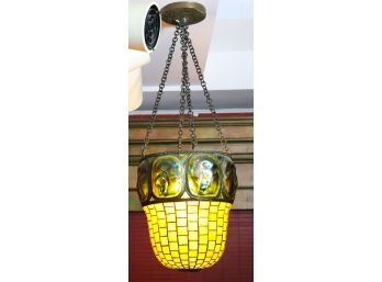 Gorgeous Antique Glass Hanging Chandelier In The Style Of Tiffany Bee Hive Shape With Turtle Back Glass