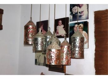 Set Of 7 Decorative Hanging Mexican Punch Tin Light Fixtures With Floral Detail