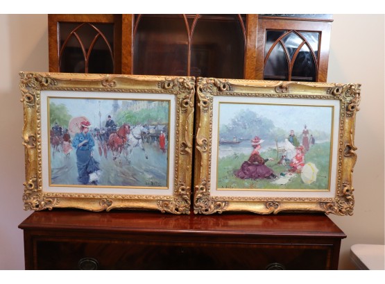 Vintage Pair Of Oil On Canvas Painting Signed J Sair In Carved Gilded Frame