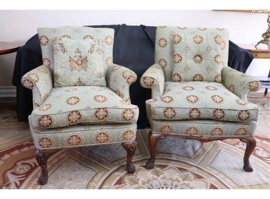 Pair Of 1930s Vintage Wood Frame Down Filled Cushion Gentleman & Lady Armchairs