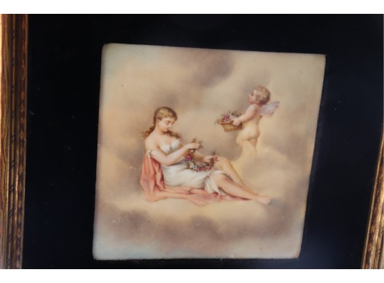 Vintage Hand Painted Porcelain Plaque “Woman & Cherub In Clouds” In Frame