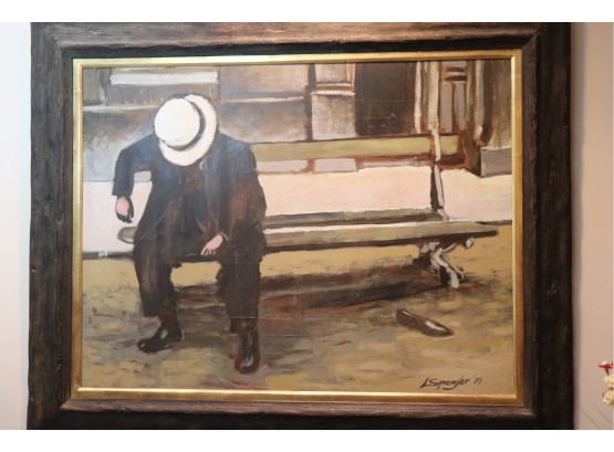 Acrylic On Canvas “Man On A Bench” Signed L. Spangler 1971 In Rustic Frame