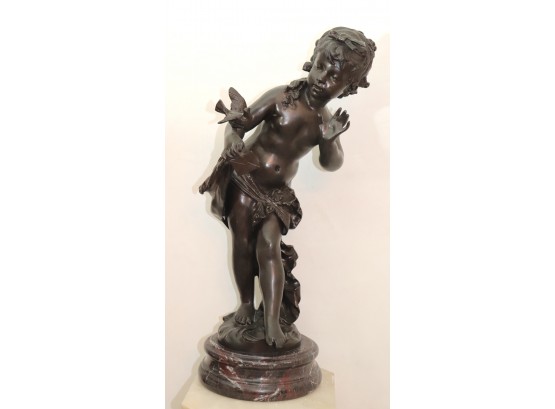 Bronze Girl With Bird & Letter Statue – Signed Aug. Moreau