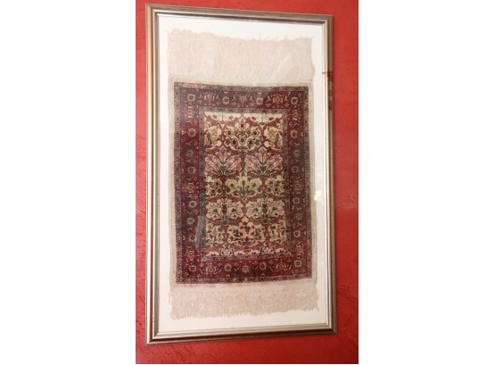 Hand Made Very Finely Woven Silk Signed Small Rug In Silver Leaf Frame