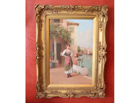 Vintage Oil On Canvas Painting “A Venetian Water Carrier” Signed Trevor Haddon, R.B.A. In Original Gilded Fram