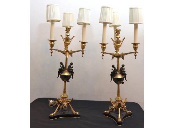 Pair Of French Renaissance Revival 3 Arm Candelabra Table Lamps