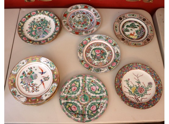 Collection Of Vintage Gorgeous Asian Painted Cabinet/Decorative Dishes