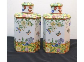 Pair Of Vintage Decorative Hand Painted Hexagonal Shape Urns With Lids