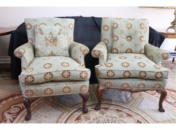 Pair Of 1930s Vintage Wood Frame Down Filled Cushion Gentleman & Lady Armchairs