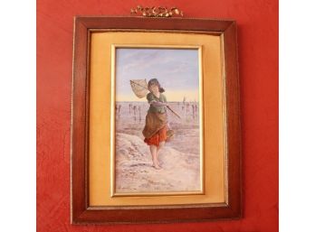 Antique Hand Painted Porcelain Plaque “Girl Clamming At Shore” Signed & Framed