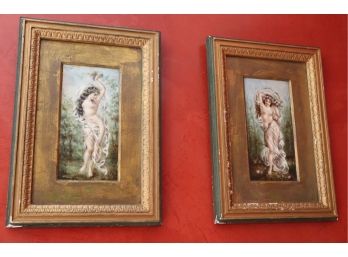 Pair Of Vintage Hand Painted Porcelain Plaques “Semi Nude Ladies In Garden” Signed & Framed