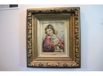 Vintage Van Swan- Girl With Kitten Oil On Canvas Painting In Gilded Carved Wooden Frame
