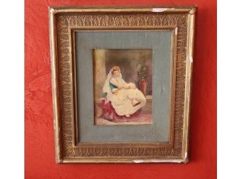 Antique Hand Painted Wood Plaque Signed & Framed