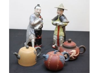 Vintage Pair Of Asian Figurines With 3 Asian Handmade Clay Teapots