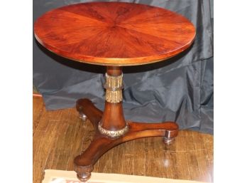 Vintage 30” Dia Round “Empire Style” Rosewood Pedestal 3 Footed Table With Gold Feather Detail