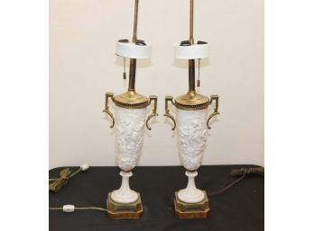 Pair Of Vintage White Bisque & Metal Cherub Urn Lamps