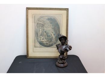 Bronze Bust Of Lady In Hat Signed George Coulray With Antique Print In Frame