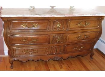 Vintage Louis XV Style 9 Drawer Dresser With Pink Veined Marble Top