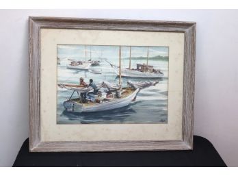 Vintage Watercolor “Harbor Scene” Signed E. Byck In Frame