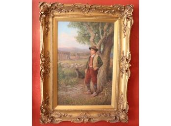 Vintage Oil On Canvas Painting “An Italian Shepard Lad” Trevor Haddon, R.B.A. In Original Gilded Frame