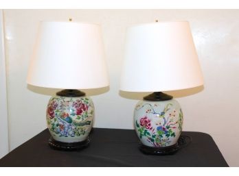 Pair Of Vintage Asian Hand Painted Ginger Jar Lamps On Carved Wood Bases