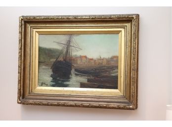Antique Oil On Wood Painting Signed J. Gothrie 1878 “Harbor Scene” In Gilded Gold Frame