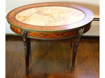 Antique Oval Wood Inlay Wood Cocktail Table With Beautiful Inset Marble Top
