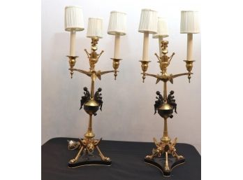 Pair Of French Renaissance Revival 3 Arm Candelabra Table Lamps