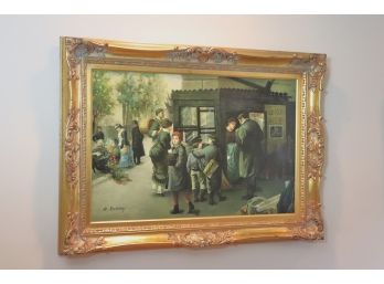 Vintage Oil On Canvas Painting “City Street Market” Signed A. Dudley In Gold Carved Wooden Frame