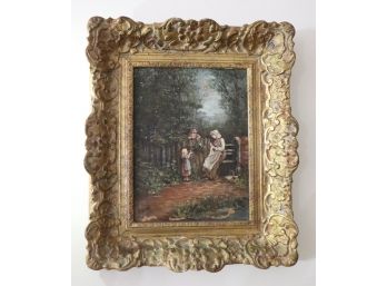 Small Antique Oil On Board “Small Children With Woman In Countryside” Painting Signed Legal In Carved Wood Fra