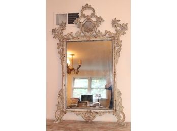 Vintage Rococo White Distressed Finish Carved Wood Wall Mirror