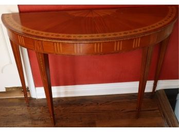 Vintage Kindel Tall Demilune Console Table With Gorgeous Inlay Wood Detail