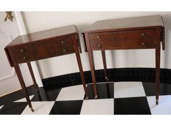 Pair Of Vintage Weiman Tables – Heirloom Quality Inlay Wood Drop Leaf Side Tables