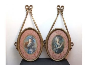 Antique Style Woman Prints In Gilded Oval Wooden Ribbon Frames