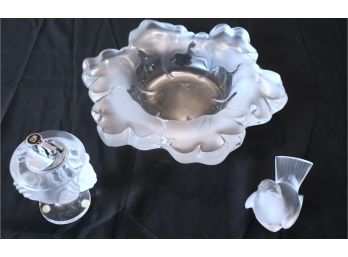 Collection Of Signed Lalique Crystal Pieces  And Larger Bowl Is 7' Wide