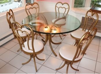 Custom Made Beveled Thick Glass Table With 6 Cast Aluminum Heart Shaped Back Chairs