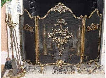 Vintage Brass Fireplace Screen, Brass Andirons & 4 Piece Brass Fireplace Tool Set