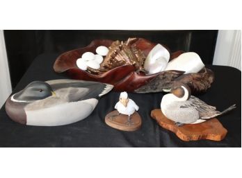 Highly Detailed Signed Hand Carved & Painted Fowl With Carved Root Bowl With Unique Shells