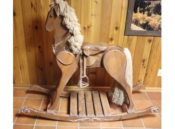 Vintage Wooden Rocking Horse With Wool Mane & Tale And Leather Saddle With Stirrups