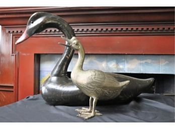 Signed Hand Carved Large Wood Black Swan & Brass Duck Sculpture
