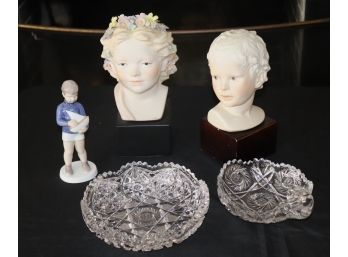 Cybis Bisque Marked Busts Of Children On Pedestals, Royal Copenhagen Figurine And Cut Crystal Bowls