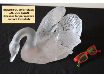 Signed Lalique Very Large Fine Crystal Swan Head Down With Gorgeous Feather Detail.