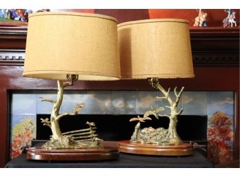 Pair Of Brass Sculpture Numbered Sport Lamps Signed D.W. McDonald