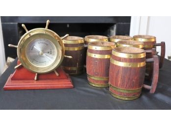Seth Thomas Brass Ship Wheel Weather Barometer & Set Of 7 Barrel Beer Mugs