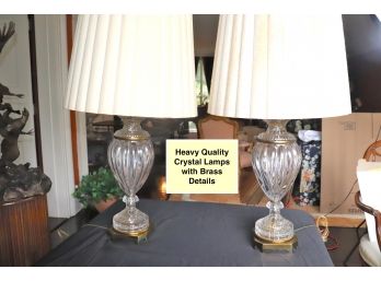 Pair Of Vintage Crystal & Heavy Brass End Table Lamps