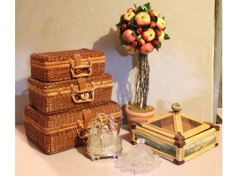 Lot Of MacKenzie Childs Wicker Box & Assorted Tabletop Accessories
