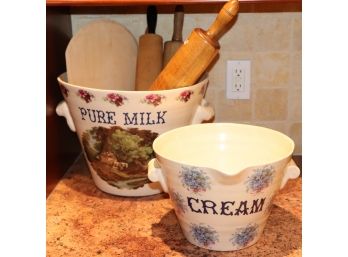 Large English Ceramic Pure Milk & Cream Pails And Wooden Kitchen Utensils