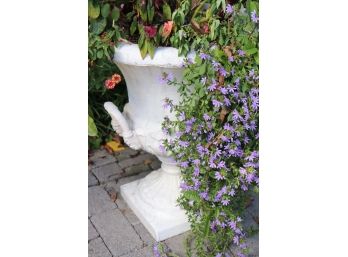 Large Cement Trophy Urn Planter With Mix Of Perennial & Annual Flowers